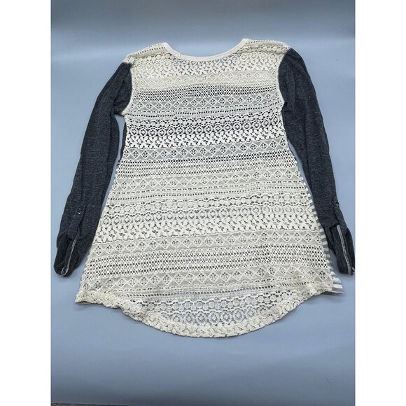 poof long sleeve shirt high low lace striped ivory gray boho cotton blend s armp - Picture 10 of 13